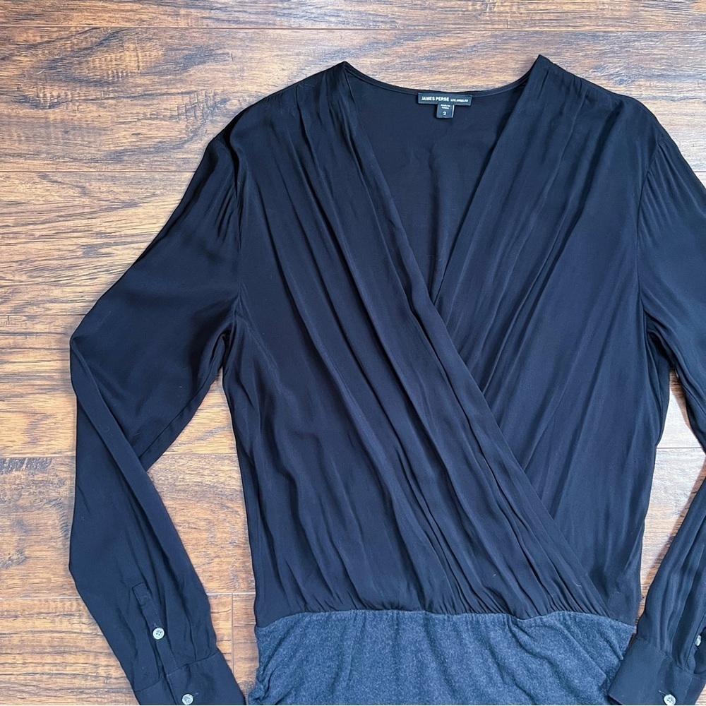 James Perse • Collage Wrap Mini Dress two tone black grey plunge surplice - Picture 3 of 11